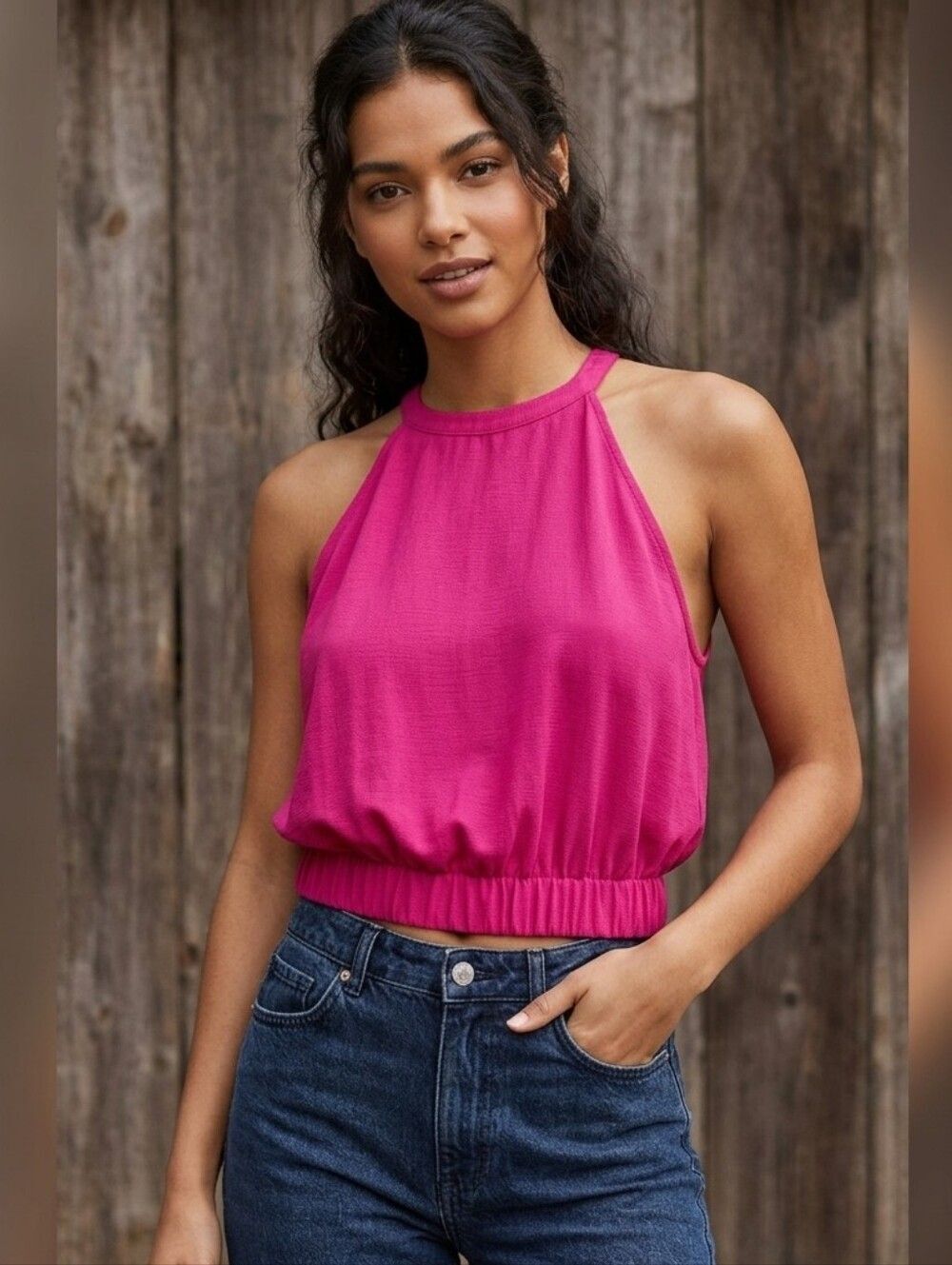 H&M Magenta Pink Halter Neck Blouson Crop Top - Size Medium